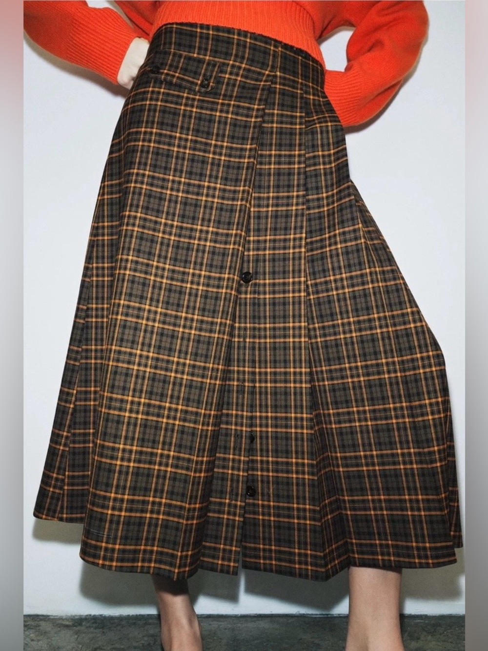 Zara ZW Collection NWT Plaid Pleated Midi Skirt Button Front Brown Check